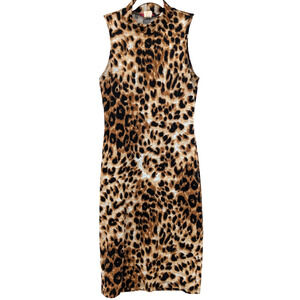 VTG Y2K Baddie Mobwife High Neck Sleeveless Bodycon Leopard Knit Midi Dress MD‎